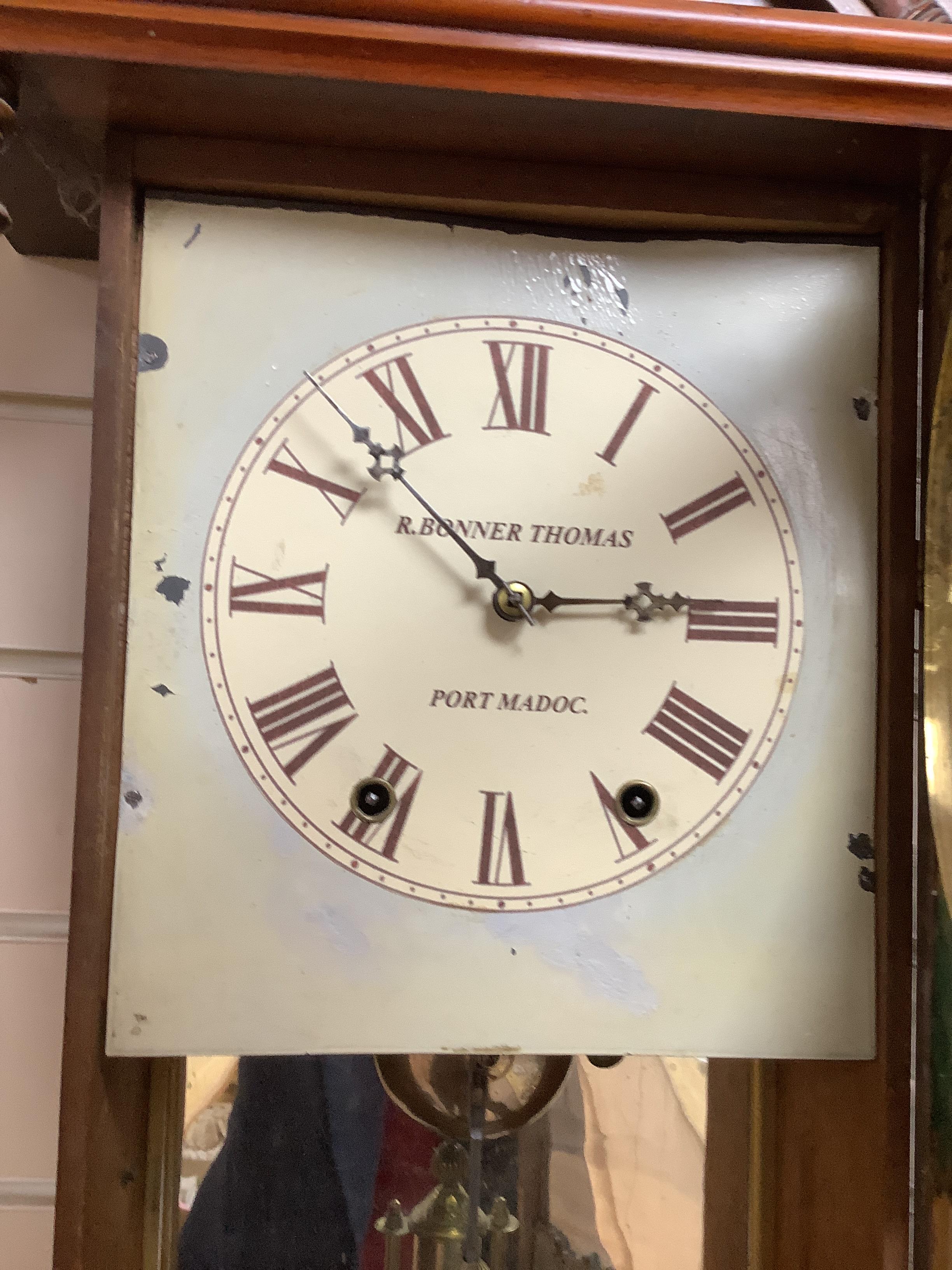 A late 19th century mahogany wall clock, inscribed R Bonner Thomas, Port Madoc, 96cm high